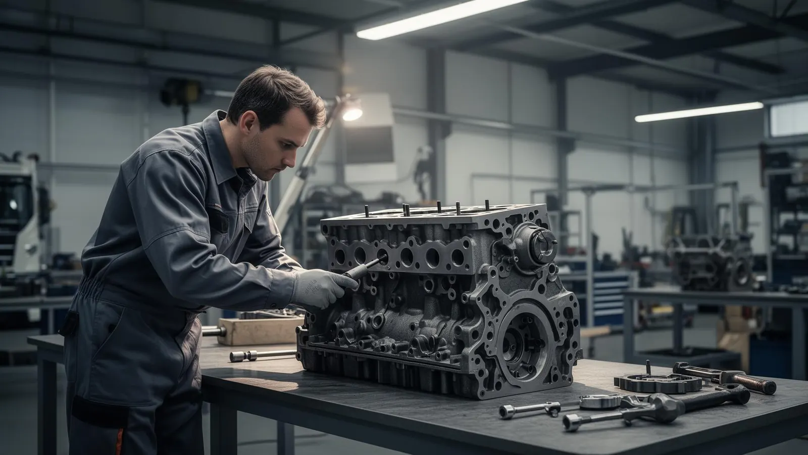 Engenheiro Volvo inspecionando bloco de motor reman